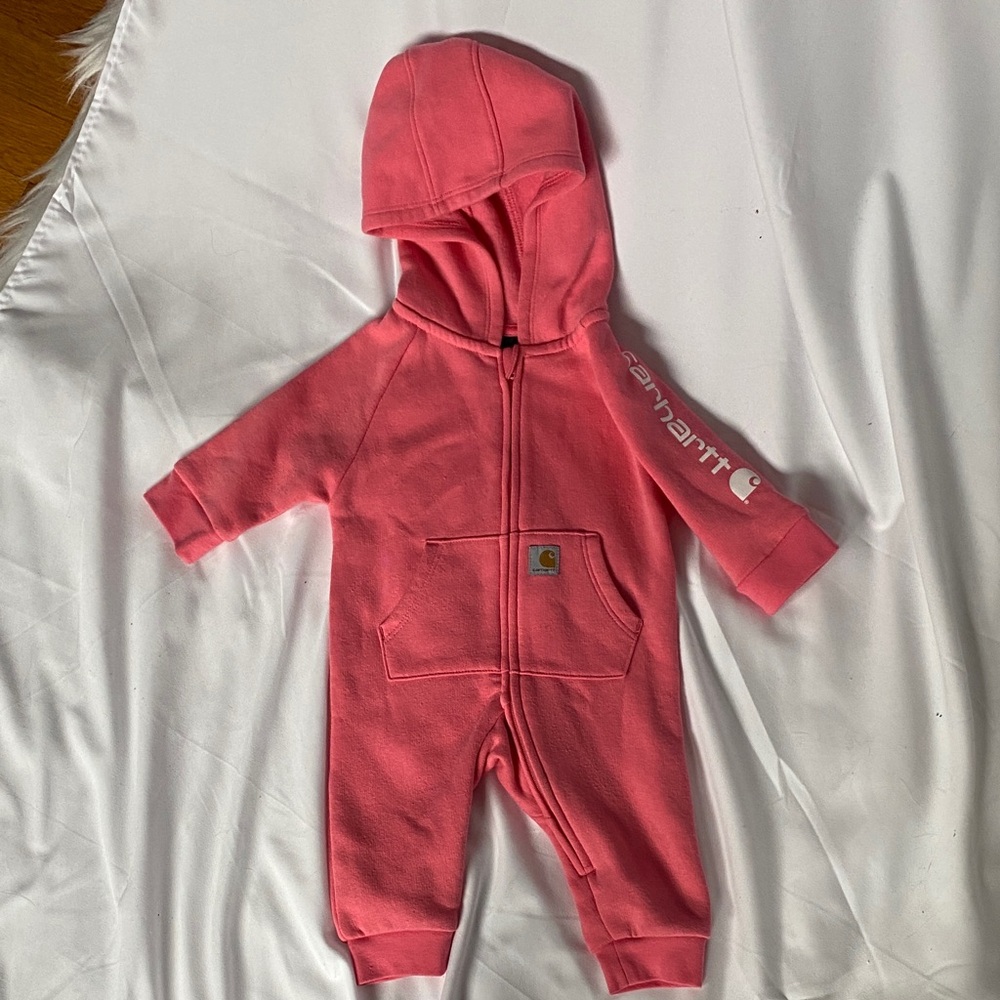 Carhartt Kids Pink Hooded one piece sweatsuit. EUC